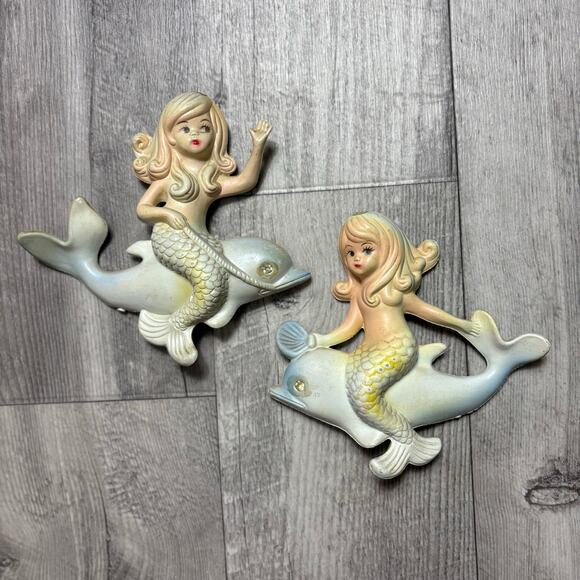 Vintage Mermaid Riding Dolphin Plastic Wall Hanging 7” Set of Two
